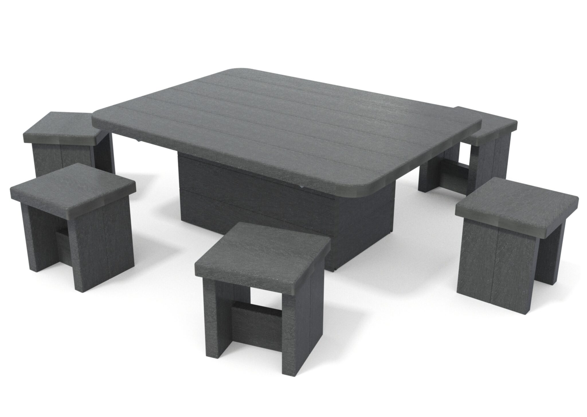 Ensemble table et tabourets en plastique noir.